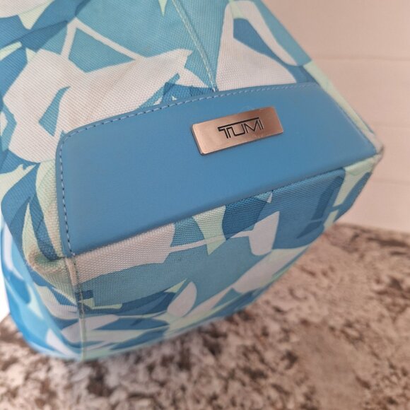 Tumi Womens Open Top Tote Handbag Double Strap, Blue  Leaf Canvas, Leather Trim - Picture 4 of 12